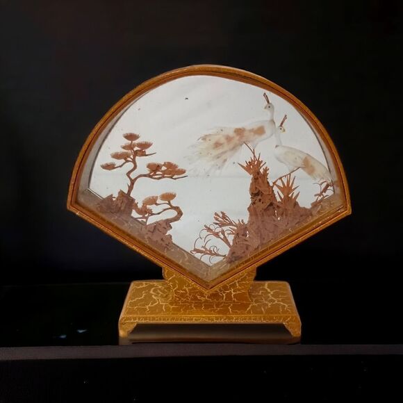Asian Cork Peacocks Diorama Shadow Box Sculpture Hand Carved Gold Tone Frame Vtg - Picture 16 of 16